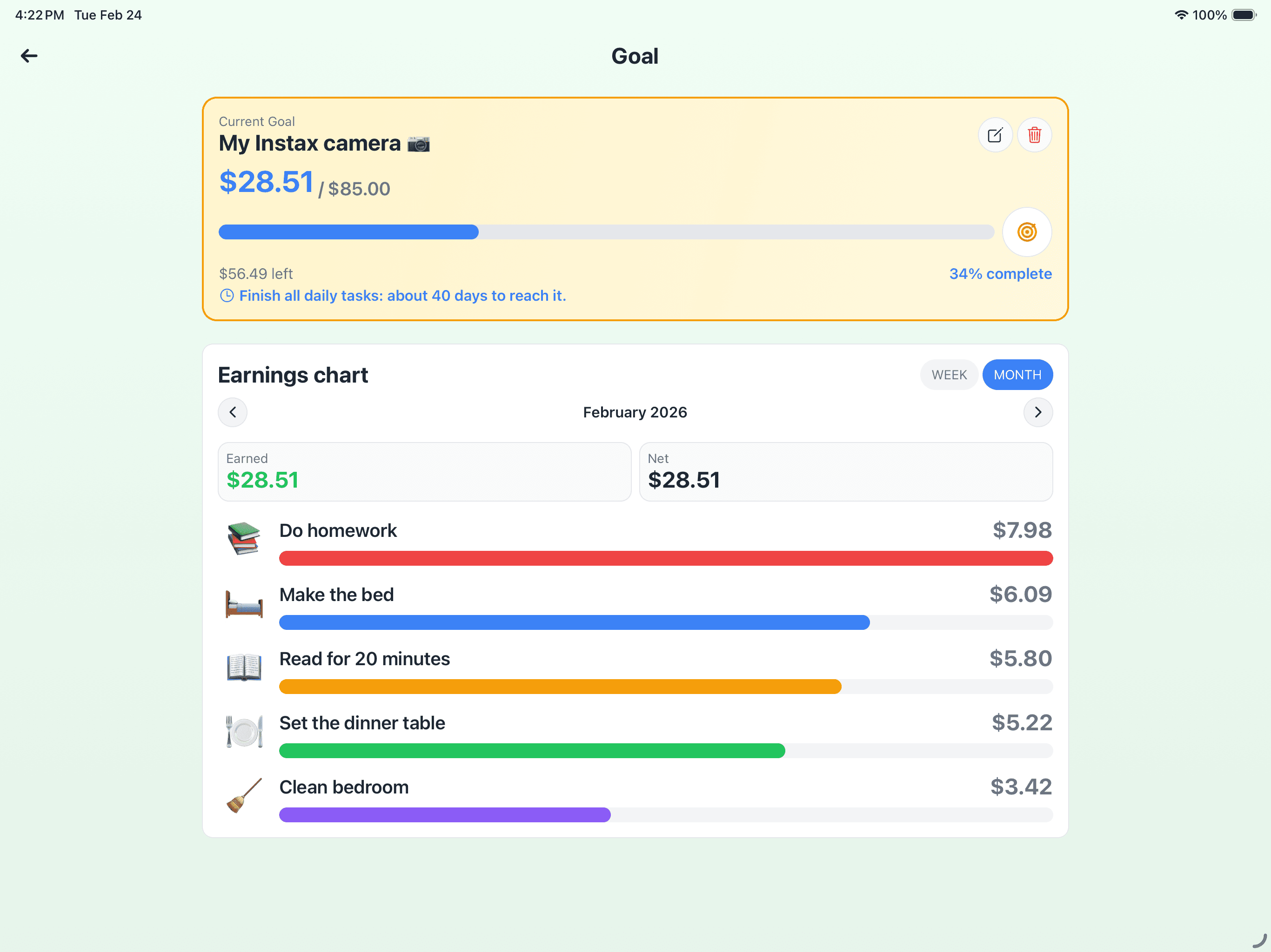 Child goal screen on iPad